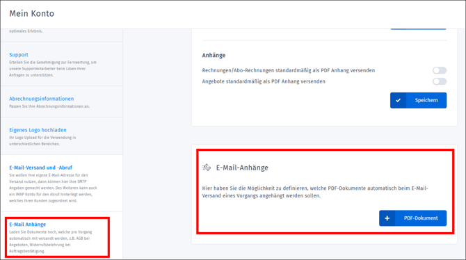 Gezeigt wird, wie zusätzliche Dokumente für jeden E-Mail-Versand eingestellt werden können.