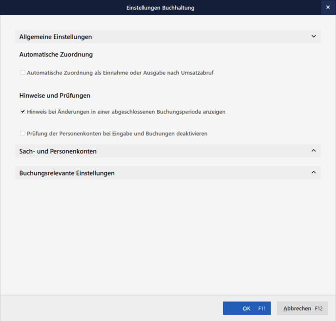 Einstellungen Buchhaltung