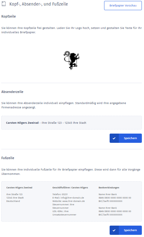 Kopf-, Absender-, und Fußzeile