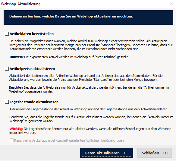 Webshop-Aktualisierung